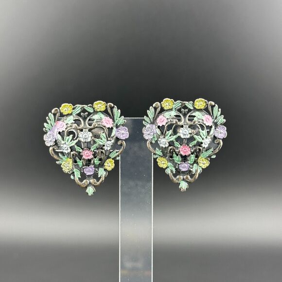 Vintage Silver Filigree Painted Flowers Heart Clip-on Earrings Puffy 1 3/8 - Picture 12 of 13